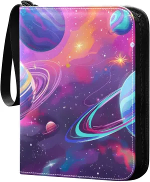 Colorful Alien Space and Planets Card Binder 4 Pocket Trading Card Binder Portable Cards Collection Book with Zipper