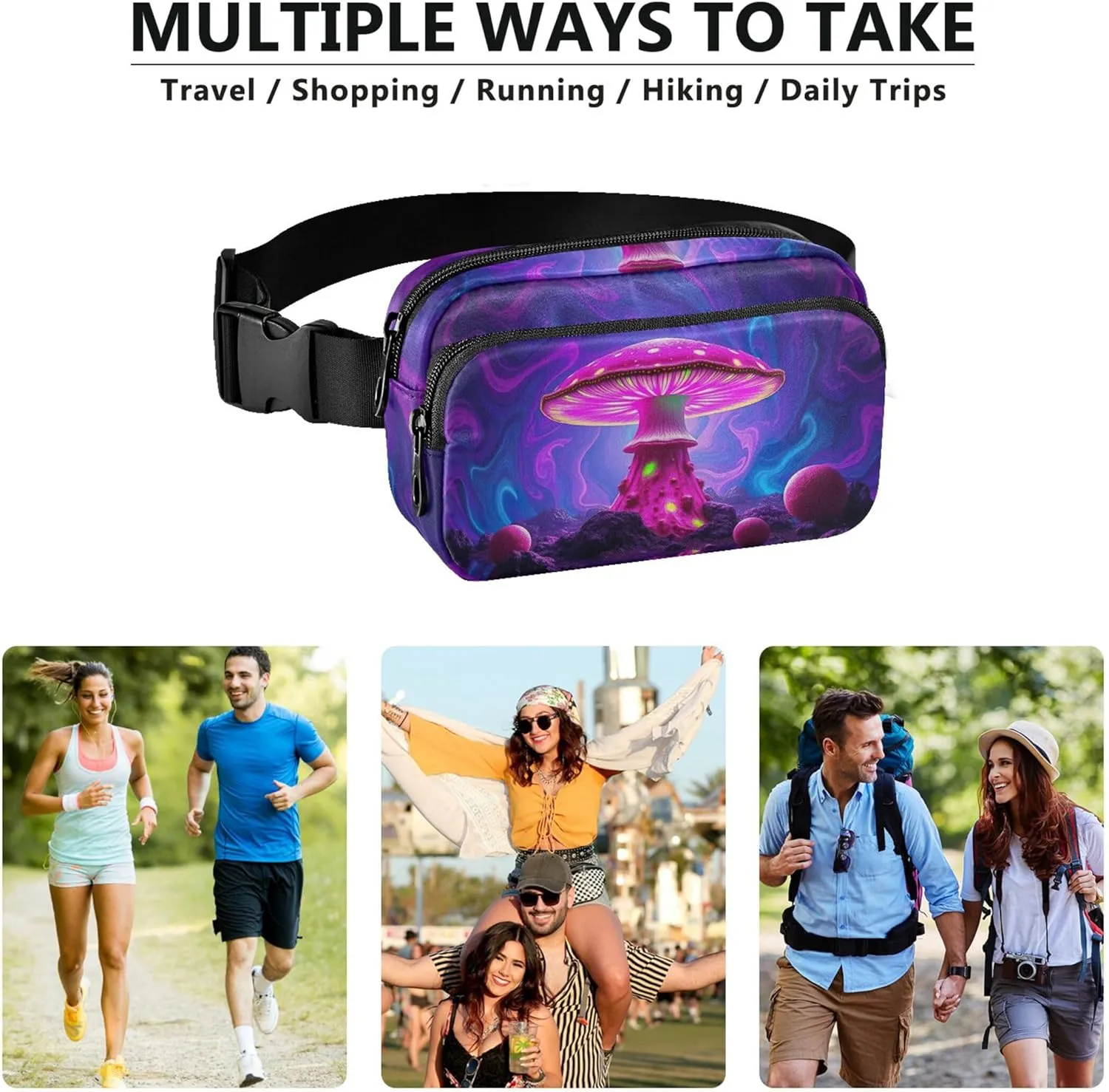 Colorful Psychedelic Mushroom Fanny Packs for Women Waterproof Hip Pouch Belt Bag Cute Travel Waist Pack for Men