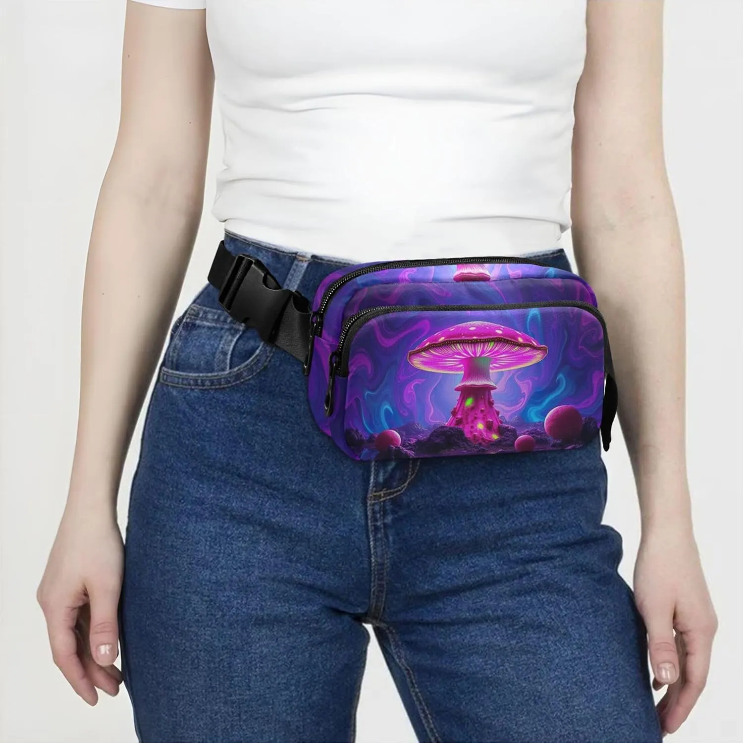 Colorful Psychedelic Mushroom Fanny Packs for Women Waterproof Hip Pouch Belt Bag Cute Travel Waist Pack for Men