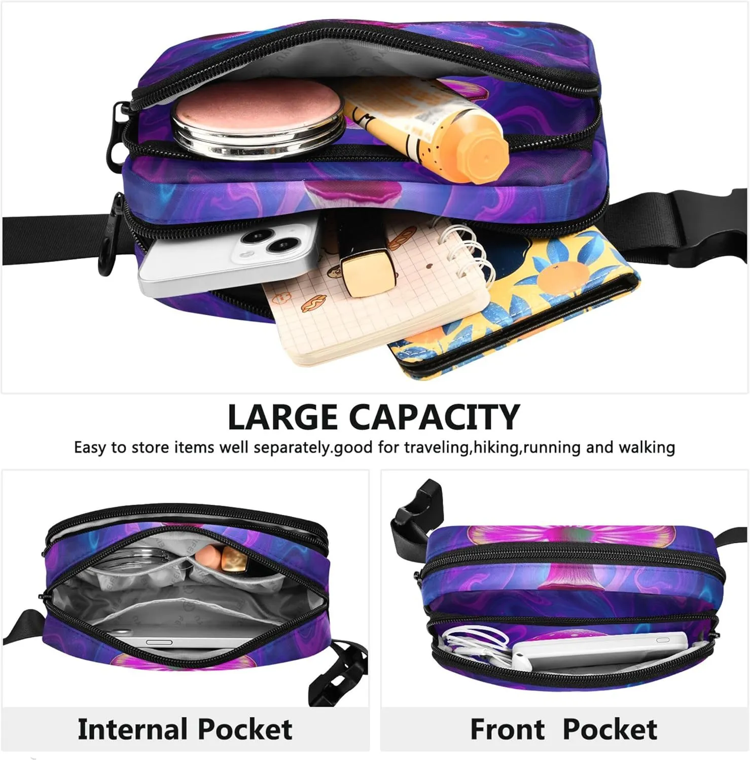 Colorful Psychedelic Mushroom Fanny Packs for Women Waterproof Hip Pouch Belt Bag Cute Travel Waist Pack for Men