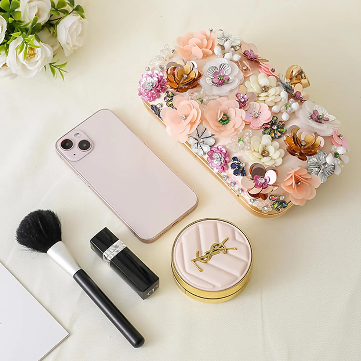 Colorful Rhinestone Flower Clutch Purse for Women Designer Evening Handbag Chain Strap Shoulder bag for Wedding Party