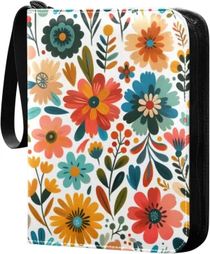 Colorful Wild Floral Flowers Card Binder 4 Pocket Trading Card Binder Portable Cards Collection Book with Zipper
