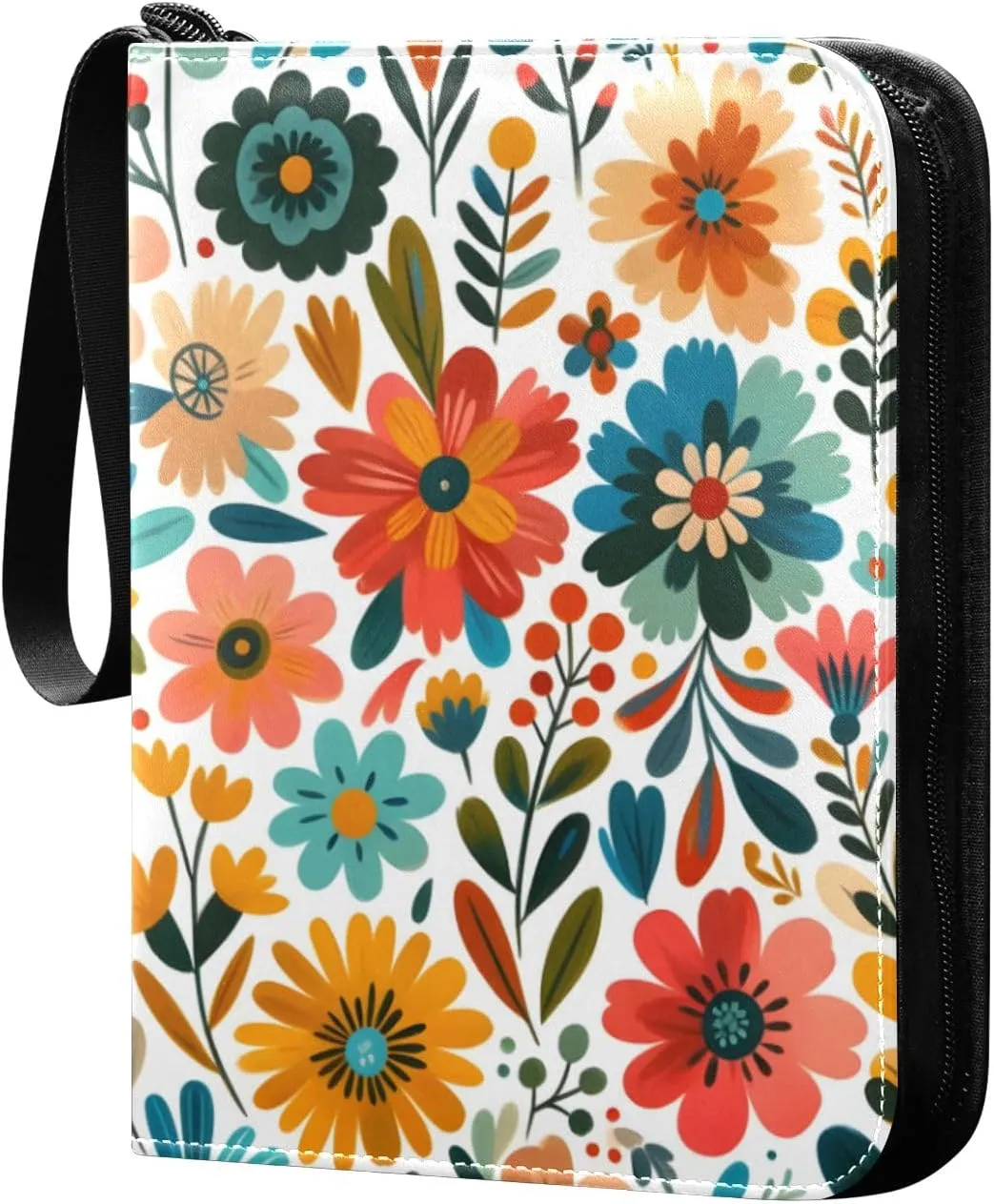 Colorful Wild Floral Flowers Card Binder 4 Pocket Trading Card Binder Portable Cards Collection Book with Zipper