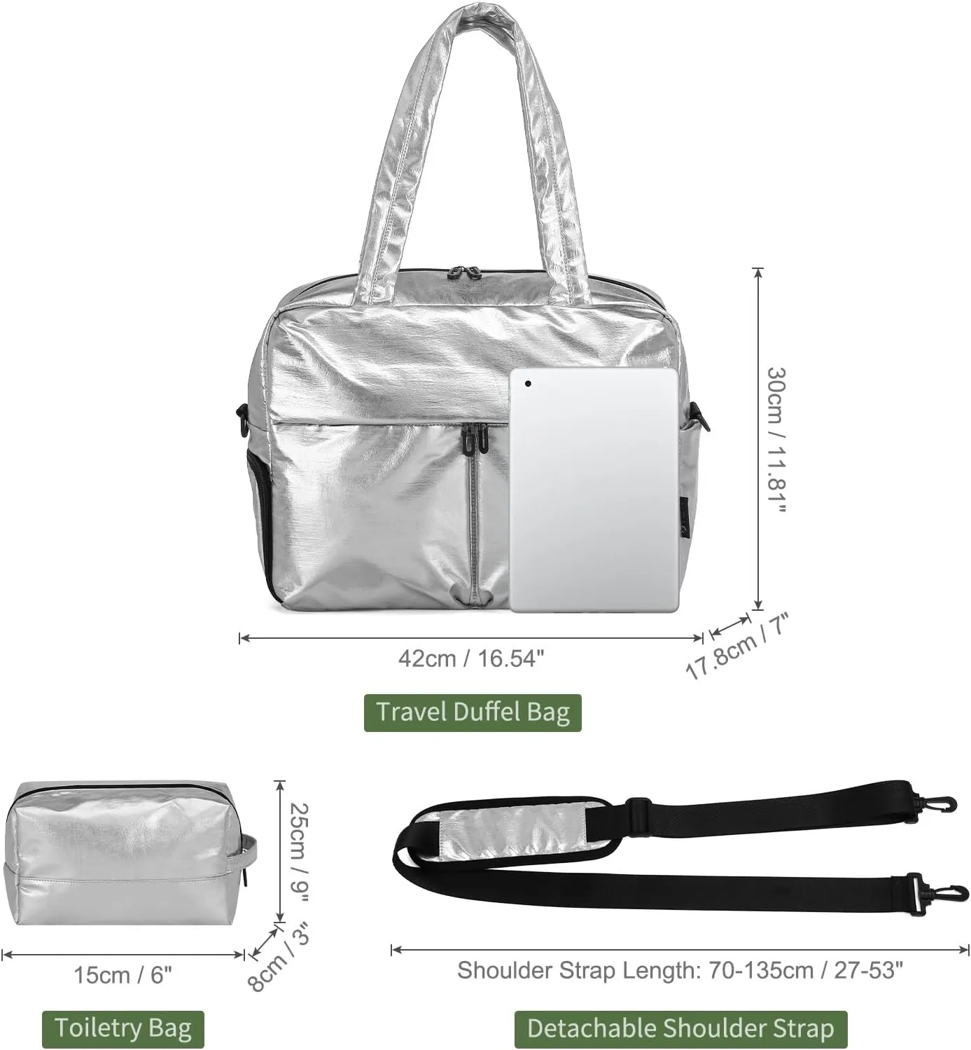 Compact Travel Duffel Bag for Women, 30L Gym Bag - Stylish Weekender Bag with Shoe Pocket, TSA-Approved Carry-On for Airplane, Fitness, Weekend Getaway(Silver)