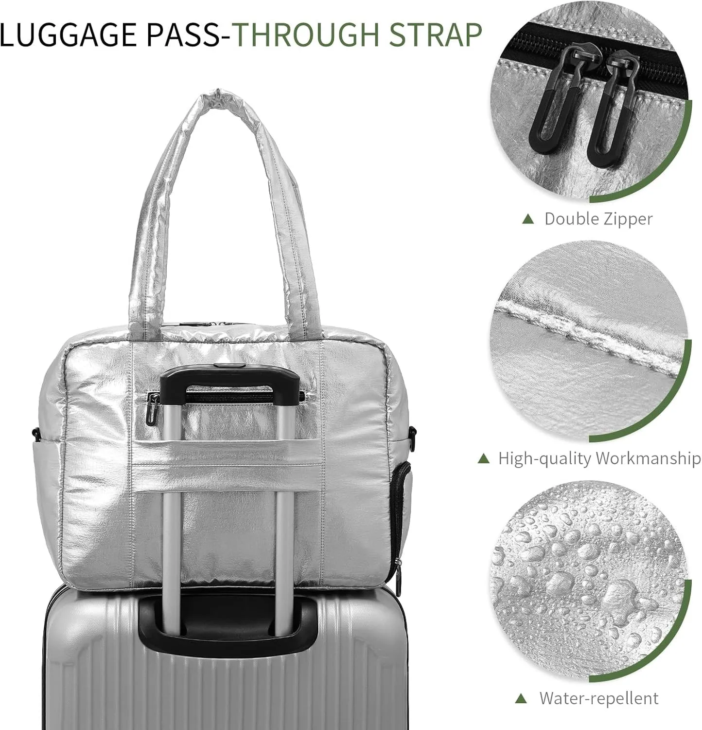 Compact Travel Duffel Bag for Women, 30L Gym Bag - Stylish Weekender Bag with Shoe Pocket, TSA-Approved Carry-On for Airplane, Fitness, Weekend Getaway(Silver)