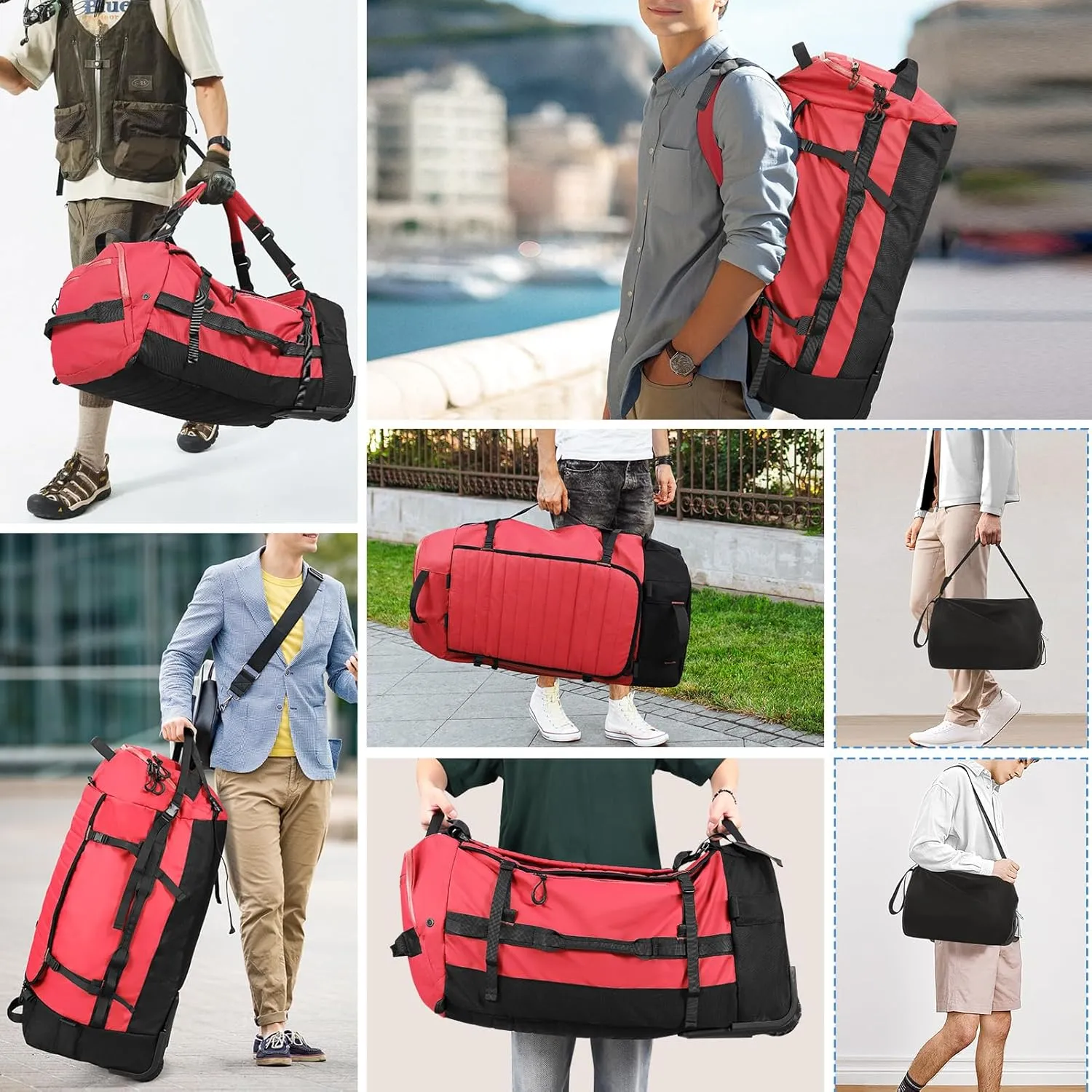 CONTAIL 86L Foldable Wheeled Duffel Backpack with Padded Quilted Bottom, Waterproof Collapsible Travel Duffle Bag with Extended Web Handles,No Telescope Handle,Red