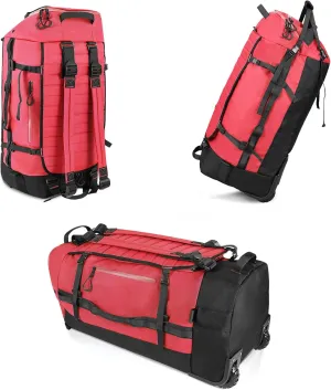 CONTAIL 86L Foldable Wheeled Duffel Backpack with Padded Quilted Bottom, Waterproof Collapsible Travel Duffle Bag with Extended Web Handles,No Telescope Handle,Red