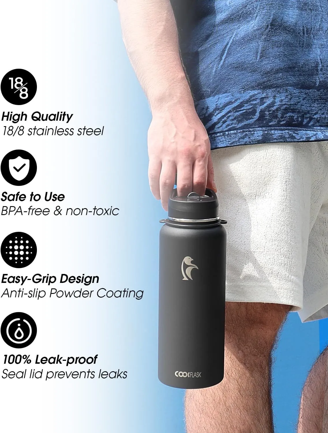 Coolflask 40 oz Water Bottle with Strap, Insulated Metal Water Flask with Straw & Spout Lids, Stainless Steel Double Wall Vacuum, Keep Cold 48h Hot 24h, Leak Proof & Non-BPA, Magic Black