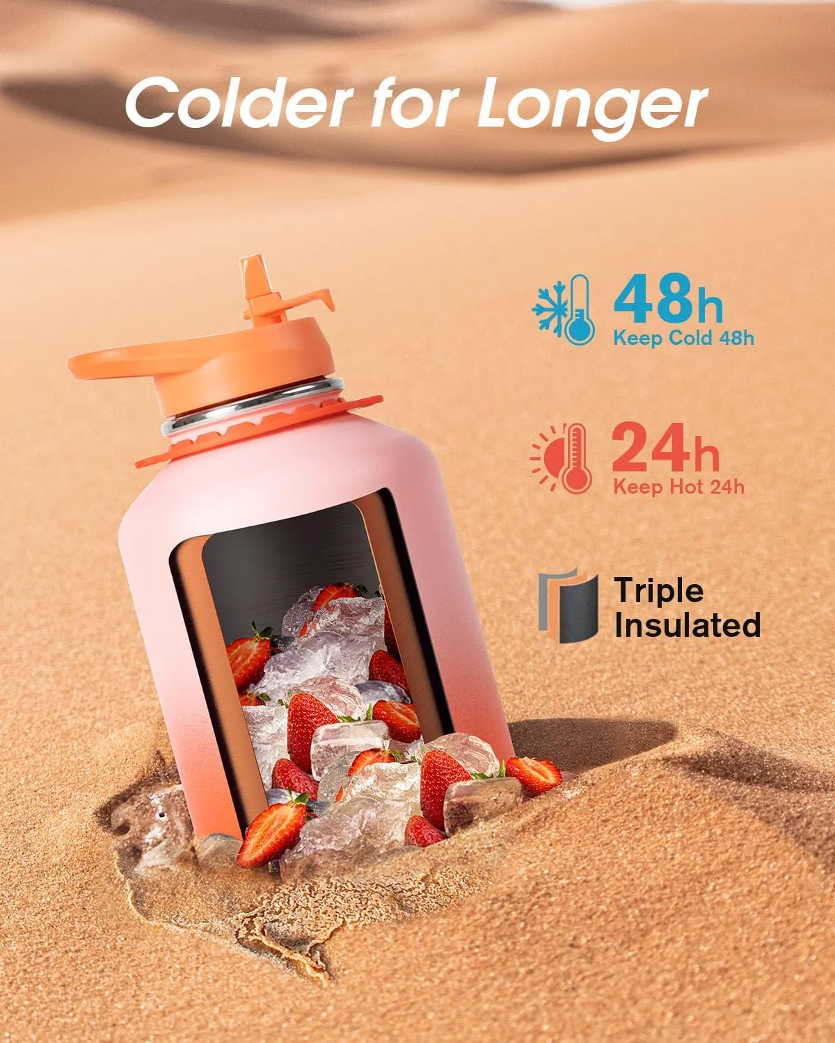 Coolflask 64 oz Water Bottle with Straw, Half Gallon Insulated Large Water Jug with Straw & Spout Lids, Double Wall Stainless Steel Metal Flask, Keep Cold 48h Hot 24h, Sunny Orange