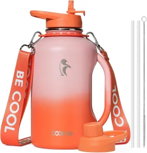 Coolflask 64oz Insulated Water Bottle, Half Gallon Water Jug With Handle Straw Stainless Steel Double-Walled Vacuum Metal Large Flask With Strap Bpa-Free Leakproof, Keep Cold 48 Hrs, Sunny Orange