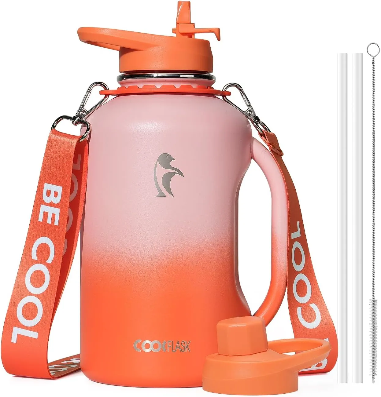 Coolflask 64oz Insulated Water Bottle, Half Gallon Water Jug With Handle Straw Stainless Steel Double-Walled Vacuum Metal Large Flask With Strap Bpa-Free Leakproof, Keep Cold 48 Hrs, Sunny Orange