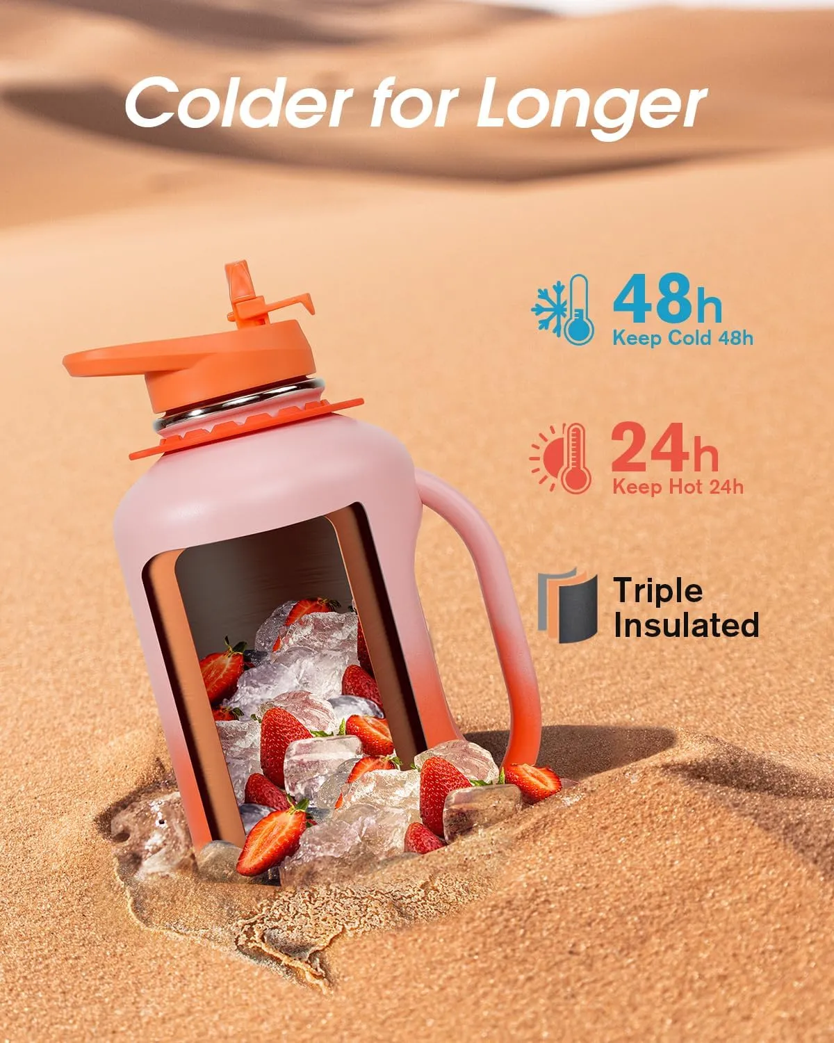 Coolflask 64oz Insulated Water Bottle, Half Gallon Water Jug With Handle Straw Stainless Steel Double-Walled Vacuum Metal Large Flask With Strap Bpa-Free Leakproof, Keep Cold 48 Hrs, Sunny Orange