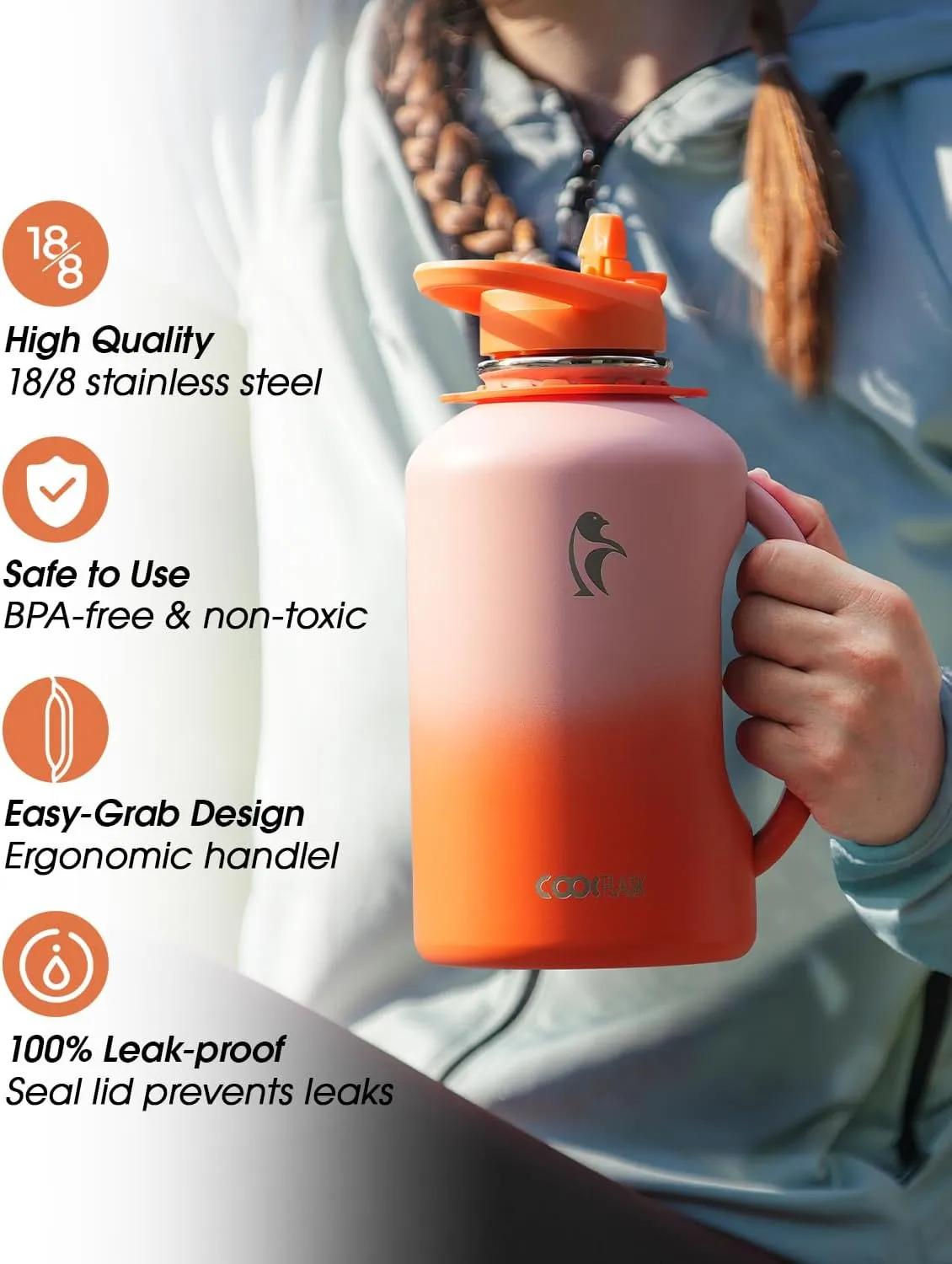 Coolflask 64oz Insulated Water Bottle, Half Gallon Water Jug With Handle Straw Stainless Steel Double-Walled Vacuum Metal Large Flask With Strap Bpa-Free Leakproof, Keep Cold 48 Hrs, Sunny Orange