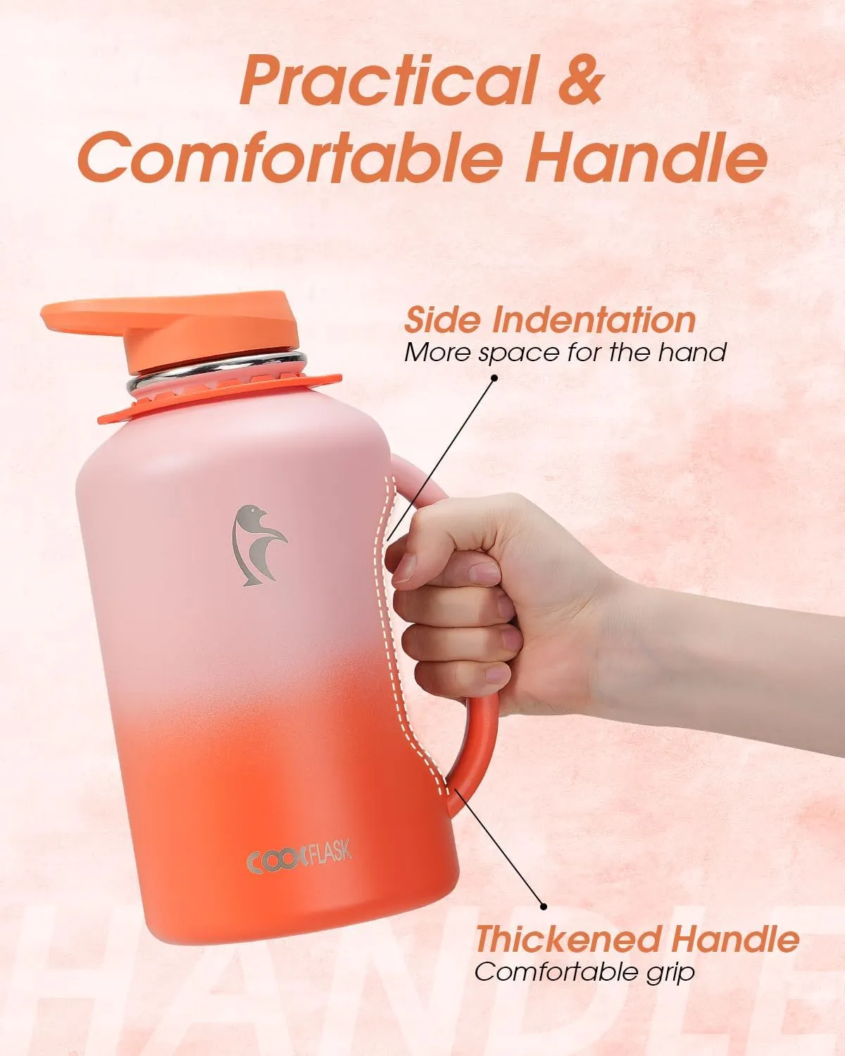 Coolflask 64oz Insulated Water Bottle, Half Gallon Water Jug With Handle Straw Stainless Steel Double-Walled Vacuum Metal Large Flask With Strap Bpa-Free Leakproof, Keep Cold 48 Hrs, Sunny Orange