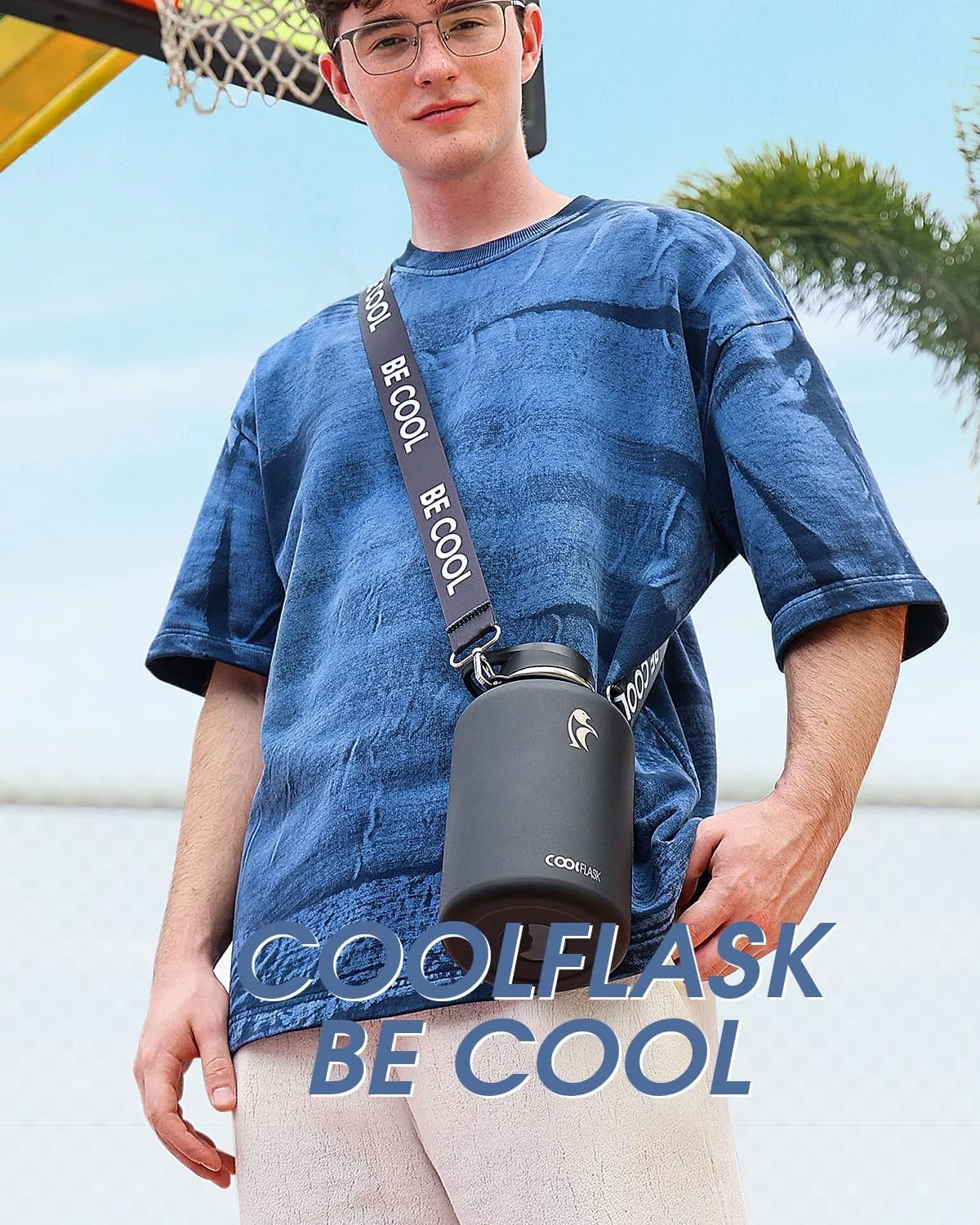 Coolflask 64oz Insulated Water Bottle with Strap, Half Gallon Large Water Jug with Straw & Spout Lids, Double Wall Stainless Steel Metal Flask, Keep Cold 48h Hot 24h, Leak Proof&Non-BPA, Magic Black