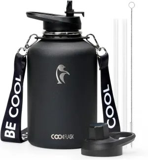 Coolflask 64oz Insulated Water Bottle with Strap, Half Gallon Large Water Jug with Straw & Spout Lids, Double Wall Stainless Steel Metal Flask, Keep Cold 48h Hot 24h, Leak Proof&Non-BPA, Magic Black
