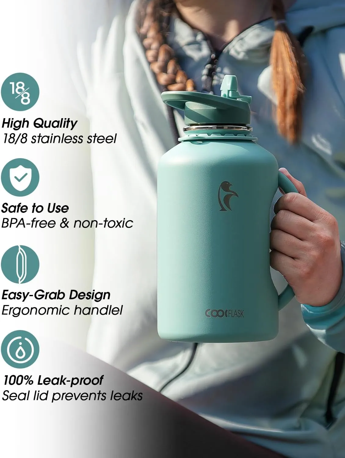 Coolflask Half Gallon Water Bottle Insulated, 64 oz Insulated Stainless Steel Water Jug Metal Double-Walled Vacuum Large Flask With Strap Straw Leakproof, Keep Cold 48 Hrs Hot 24hrs, Green