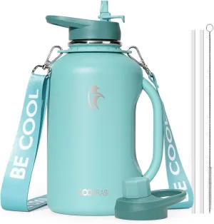 Coolflask Half Gallon Water Bottle Insulated, 64 oz Insulated Stainless Steel Water Jug Metal Double-Walled Vacuum Large Flask With Strap Straw Leakproof, Keep Cold 48 Hrs Hot 24hrs, Green