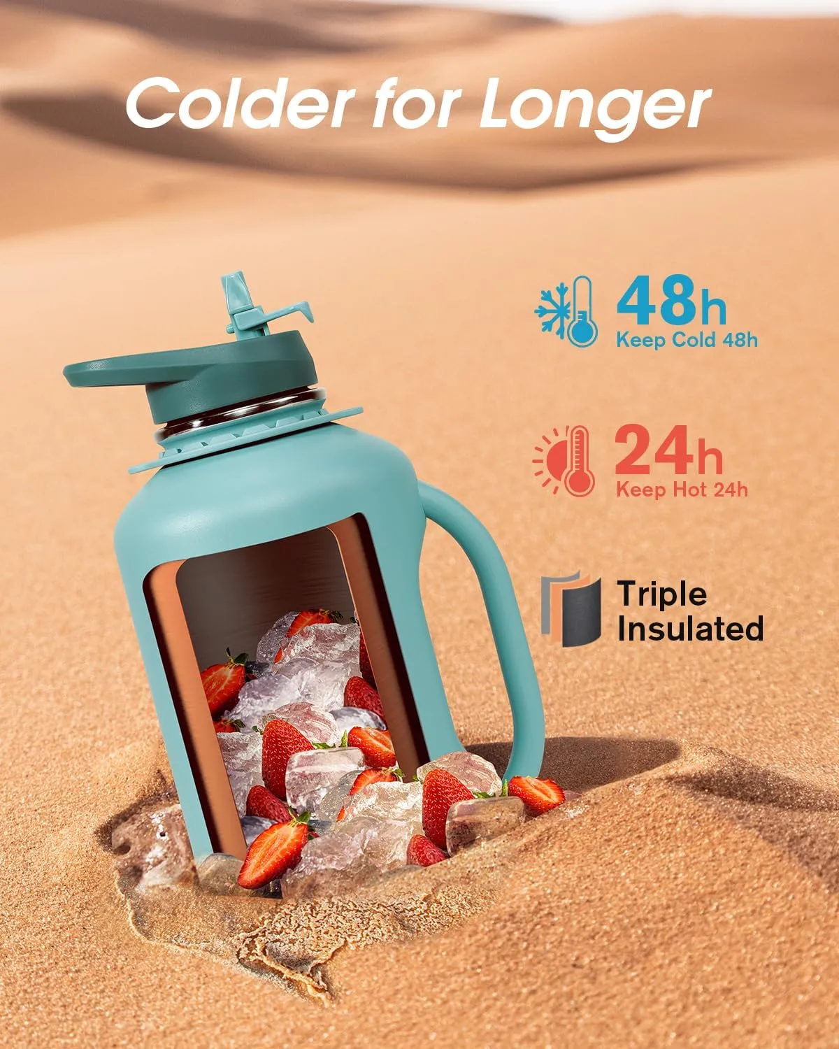 Coolflask Half Gallon Water Bottle Insulated, 64 oz Insulated Stainless Steel Water Jug Metal Double-Walled Vacuum Large Flask With Strap Straw Leakproof, Keep Cold 48 Hrs Hot 24hrs, Green