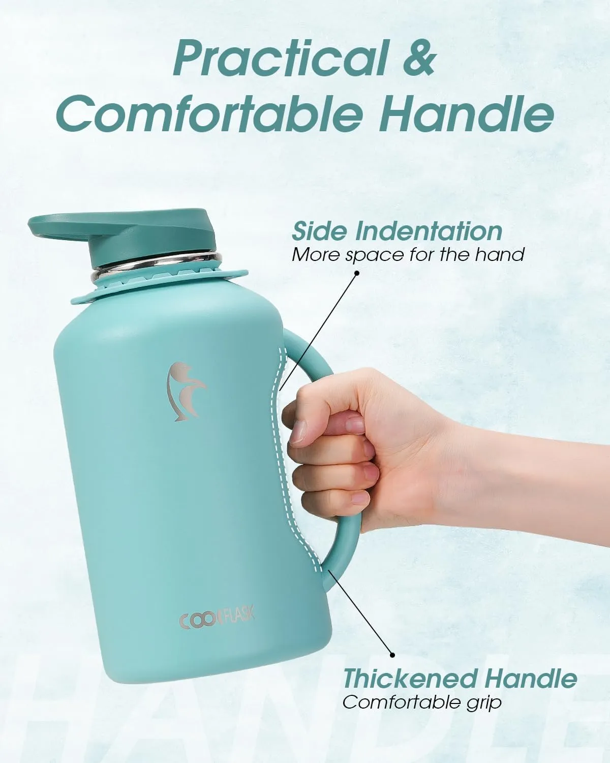 Coolflask Half Gallon Water Bottle Insulated, 64 oz Insulated Stainless Steel Water Jug Metal Double-Walled Vacuum Large Flask With Strap Straw Leakproof, Keep Cold 48 Hrs Hot 24hrs, Green