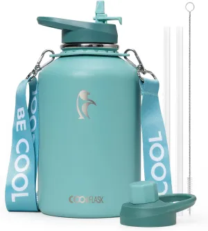 Coolflask Insulated Water Bottle 64 oz with Straw, Half Gallon Large Water Jug with Straw & Spout Lids, Vacuum Stainless Steel Metal Flask, Keep Cold 48h Hot 24h, Leak Proof & Non-BPA, Agate Green