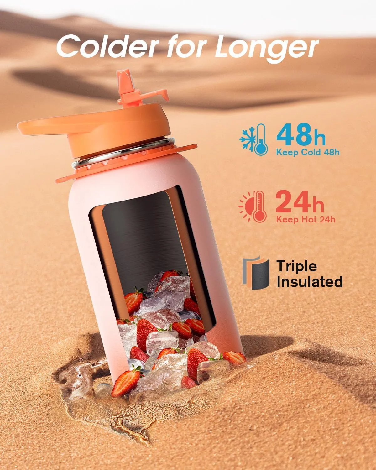 Coolflask Insulated Water Bottle with Straw, 40 oz Metal Water Flask with Straw & Spout Lids, Stainless Steel Double Wall Vacuum, Keep Cold 48h Hot 24h, Leak Proof & Non-BPA, Sunny Orange