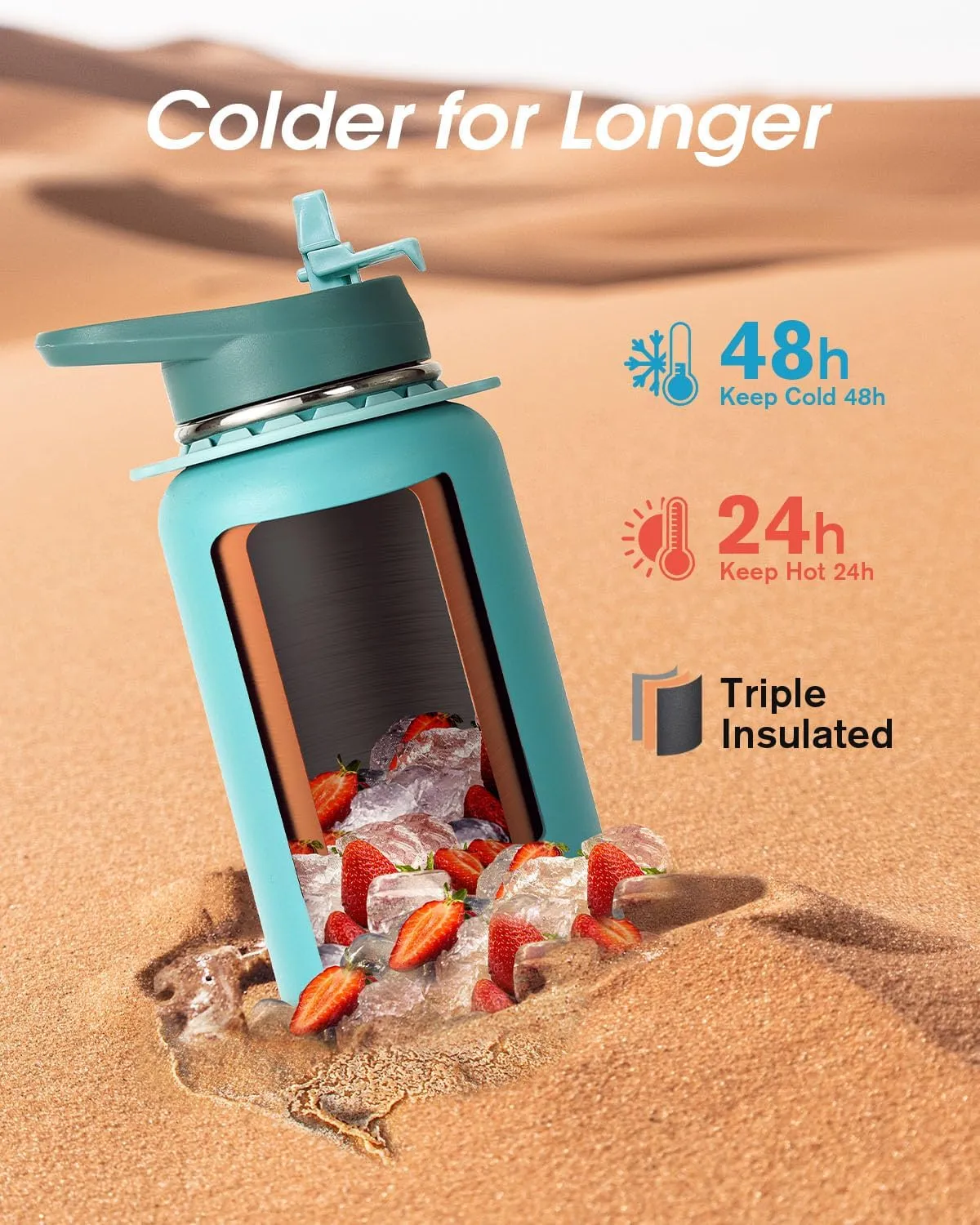 Coolflask Water Bottle 40 oz with Strap, Insulated Metal Water Flask with Straw & Spout Lids, Stainless Steel Double Wall Vacuum, Keep Cold 48h Hot 24h, Leak Proof & Non-BPA, Agate Green