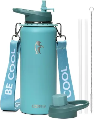 Coolflask Water Bottle 40 oz with Strap, Insulated Metal Water Flask with Straw & Spout Lids, Stainless Steel Double Wall Vacuum, Keep Cold 48h Hot 24h, Leak Proof & Non-BPA, Agate Green