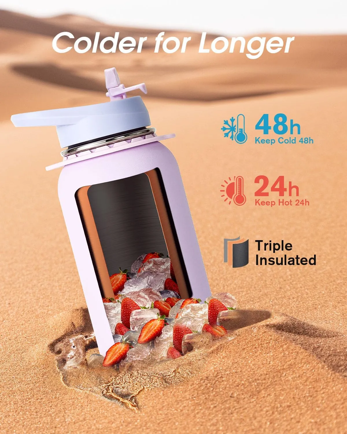 Coolflask Water Bottle with Straw, 40 oz Insulated Metal Water Flask with Straw & Spout Lids, Stainless Steel Double Wall Vacuum, Keep Cold 48h Hot 24h, Leak Proof & Non-BPA, Lavender