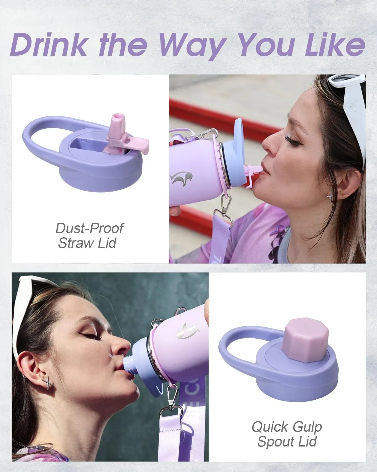 Coolflask Water Bottle with Straw, 40 oz Insulated Metal Water Flask with Straw & Spout Lids, Stainless Steel Double Wall Vacuum, Keep Cold 48h Hot 24h, Leak Proof & Non-BPA, Lavender
