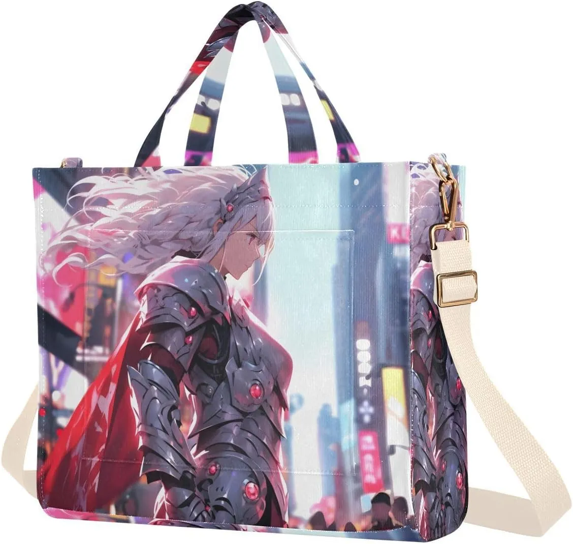 Corduroy Women Tote Bag Knight on Times Square Print, Handbag Purses with Detachable Strap Small Size
