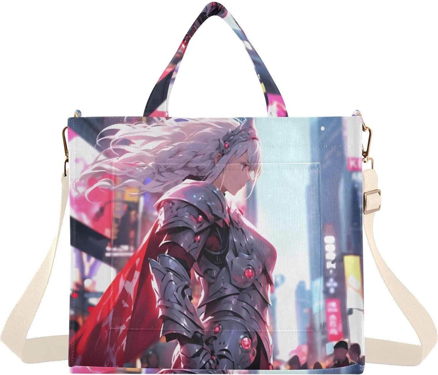 Corduroy Women Tote Bag Knight on Times Square Print, Handbag Purses with Detachable Strap Small Size