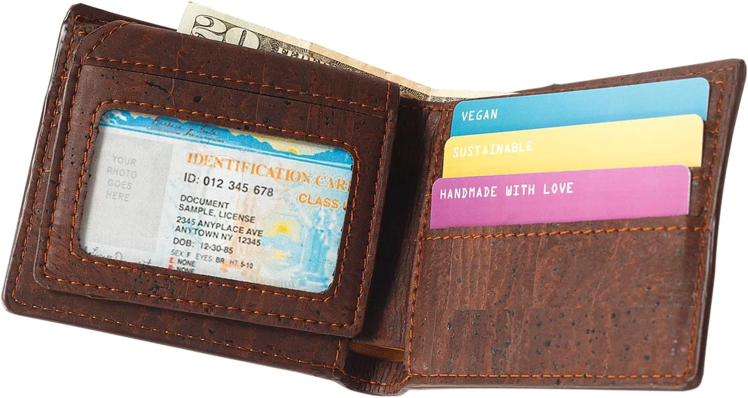 Cork Passcase Wallet – Non-Leather Bifold Wallet – Men’s Wallet - RFID Blocking-Vegan Leather–Eco Friendly-Brown