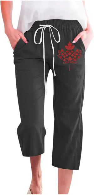 Cotton Linen Capri Pants for Women Fashion Printed Drawstring High Waist Cropped Trousers Lightweight Baggy Pants