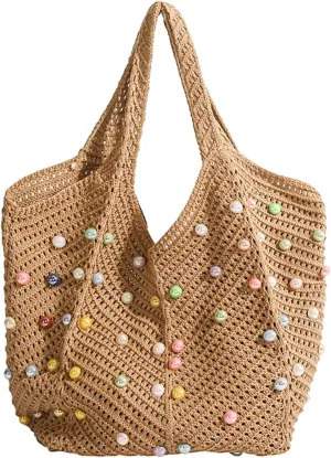 Crochet Beach Bag Cute Boho Knit Tote Bag with Colored Beads Aesthetic Woven Shoulder Handbags