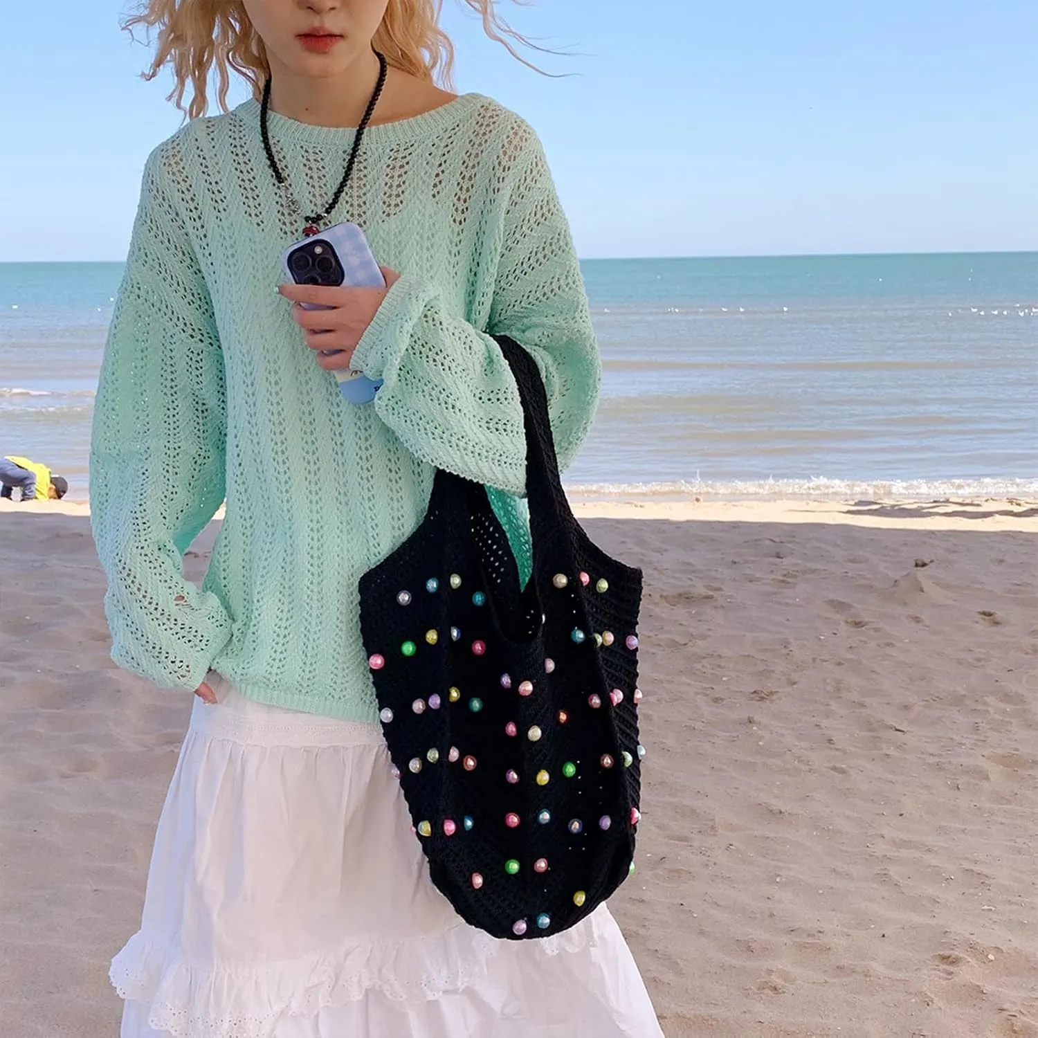 Crochet Beach Bag Cute Boho Knit Tote Bag with Colored Beads Aesthetic Woven Shoulder Handbags