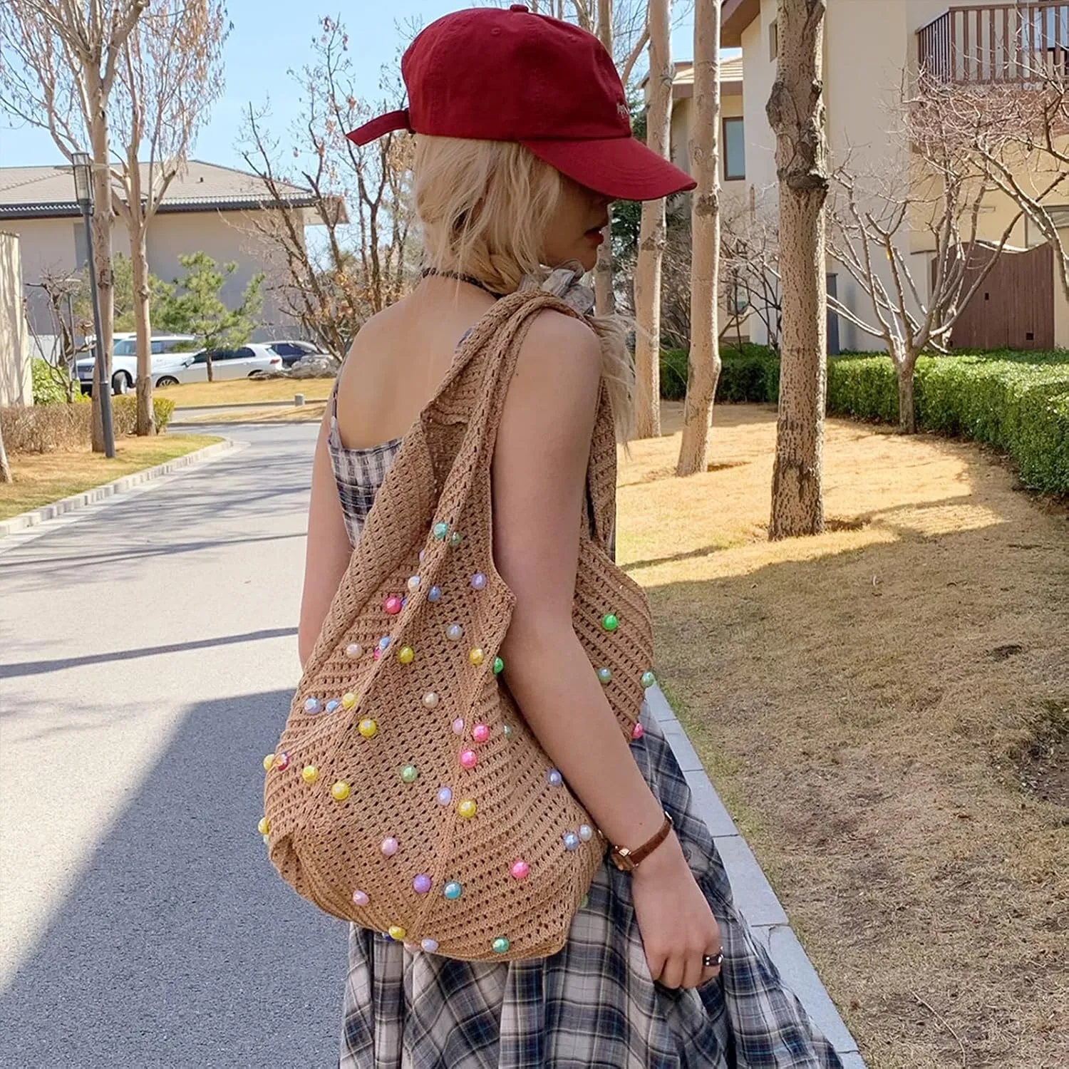 Crochet Beach Bag Cute Boho Knit Tote Bag with Colored Beads Aesthetic Woven Shoulder Handbags