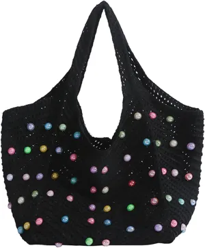Crochet Beach Bag Cute Boho Knit Tote Bag with Colored Beads Aesthetic Woven Shoulder Handbags