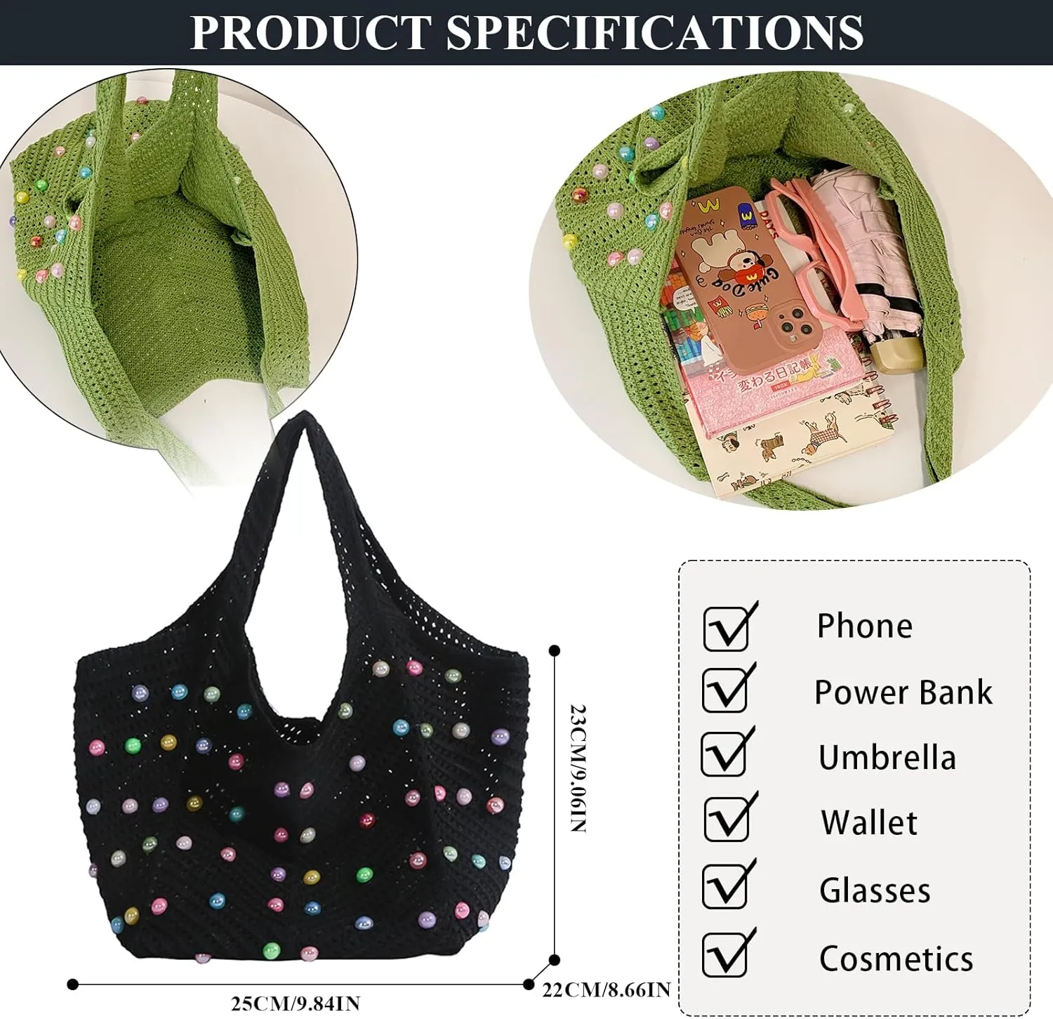 Crochet Beach Bag Cute Boho Knit Tote Bag with Colored Beads Aesthetic Woven Shoulder Handbags