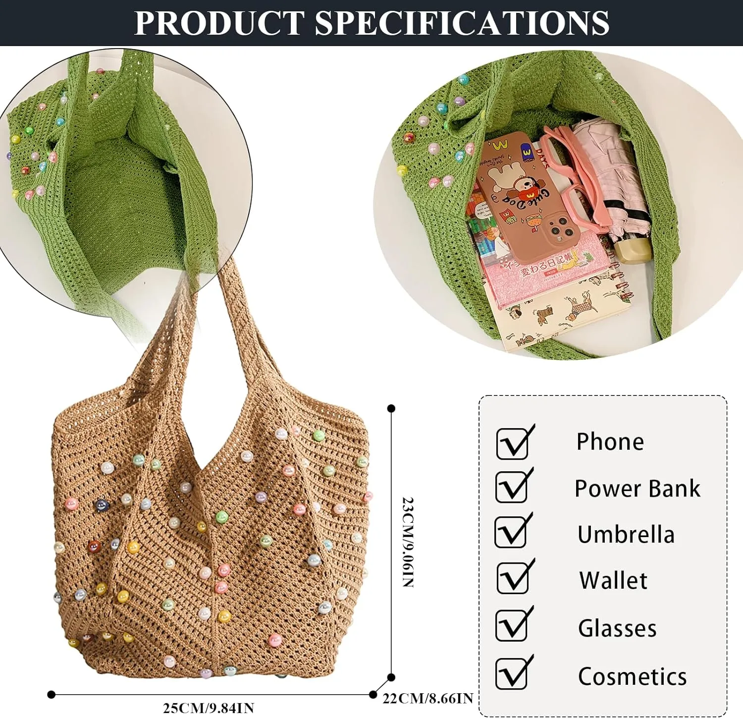 Crochet Beach Bag Cute Boho Knit Tote Bag with Colored Beads Aesthetic Woven Shoulder Handbags