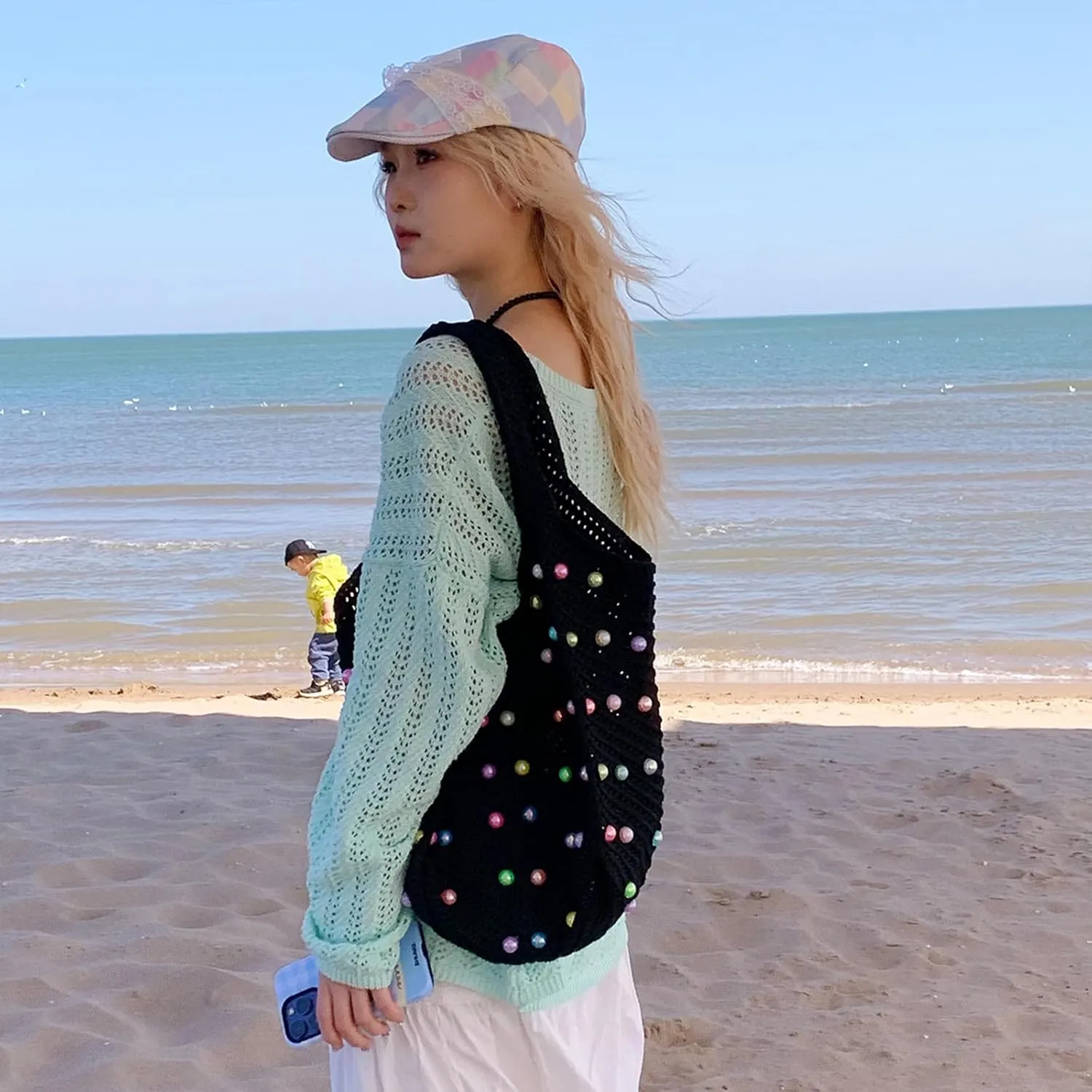 Crochet Beach Bag Cute Boho Knit Tote Bag with Colored Beads Aesthetic Woven Shoulder Handbags