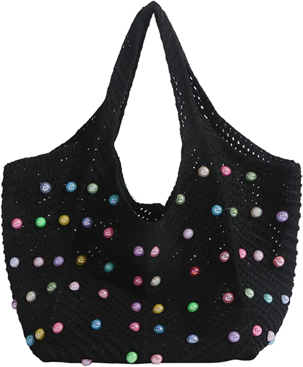 Crochet Beach Bag Cute Boho Knit Tote Bag with Colored Beads Aesthetic Woven Shoulder Handbags