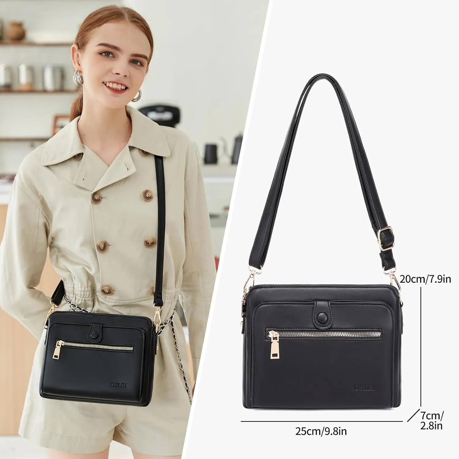 Crossbody Bag for Women Soft Smooth Handbag Three Layer Leather Crossbody Shoulder Bag Purse with Credit Card Slots