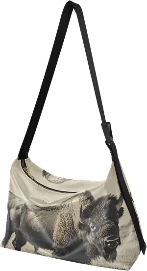 Crossbody Bag Vintage Photo Bison Print Large Capacity for Women Men, PU Leather Shoulder Bag Zipper Closure with Fabric Strap