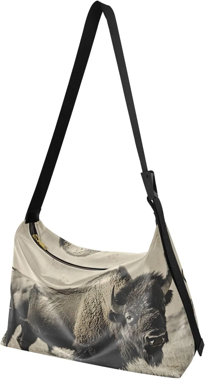 Crossbody Bag Vintage Photo Bison Print Large Capacity for Women Men, PU Leather Shoulder Bag Zipper Closure with Fabric Strap