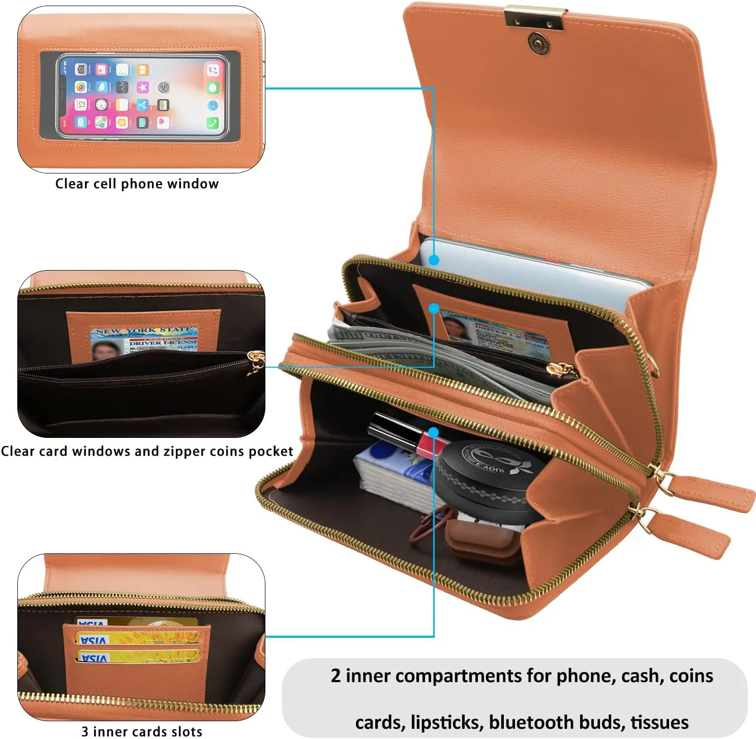 CrossBody Bags with Touchscreen Cell Phone Purse Window Zipper Pocket,RFID Blocking Card Holder iPhone bag for Women