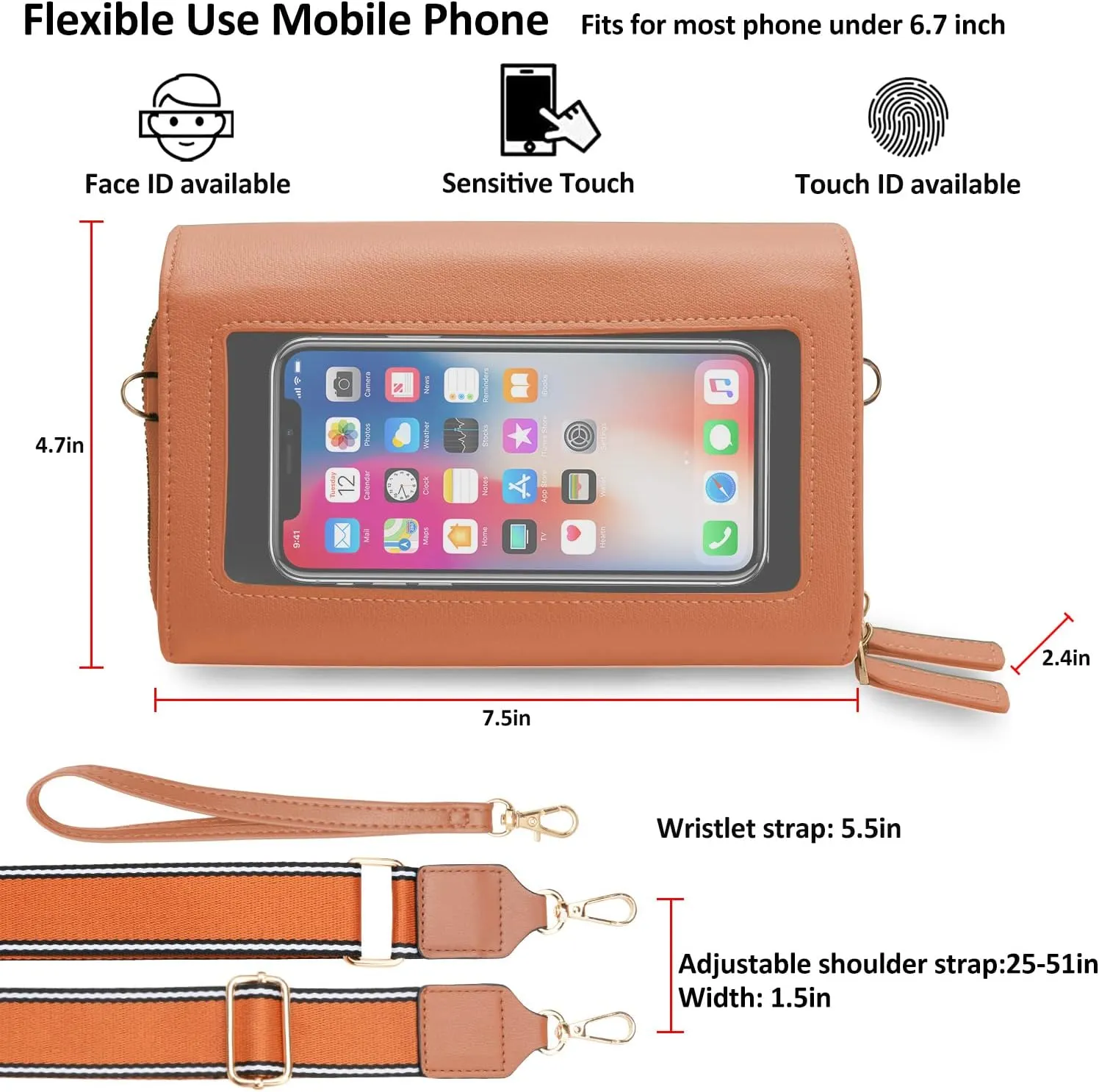 CrossBody Bags with Touchscreen Cell Phone Purse Window Zipper Pocket,RFID Blocking Card Holder iPhone bag for Women