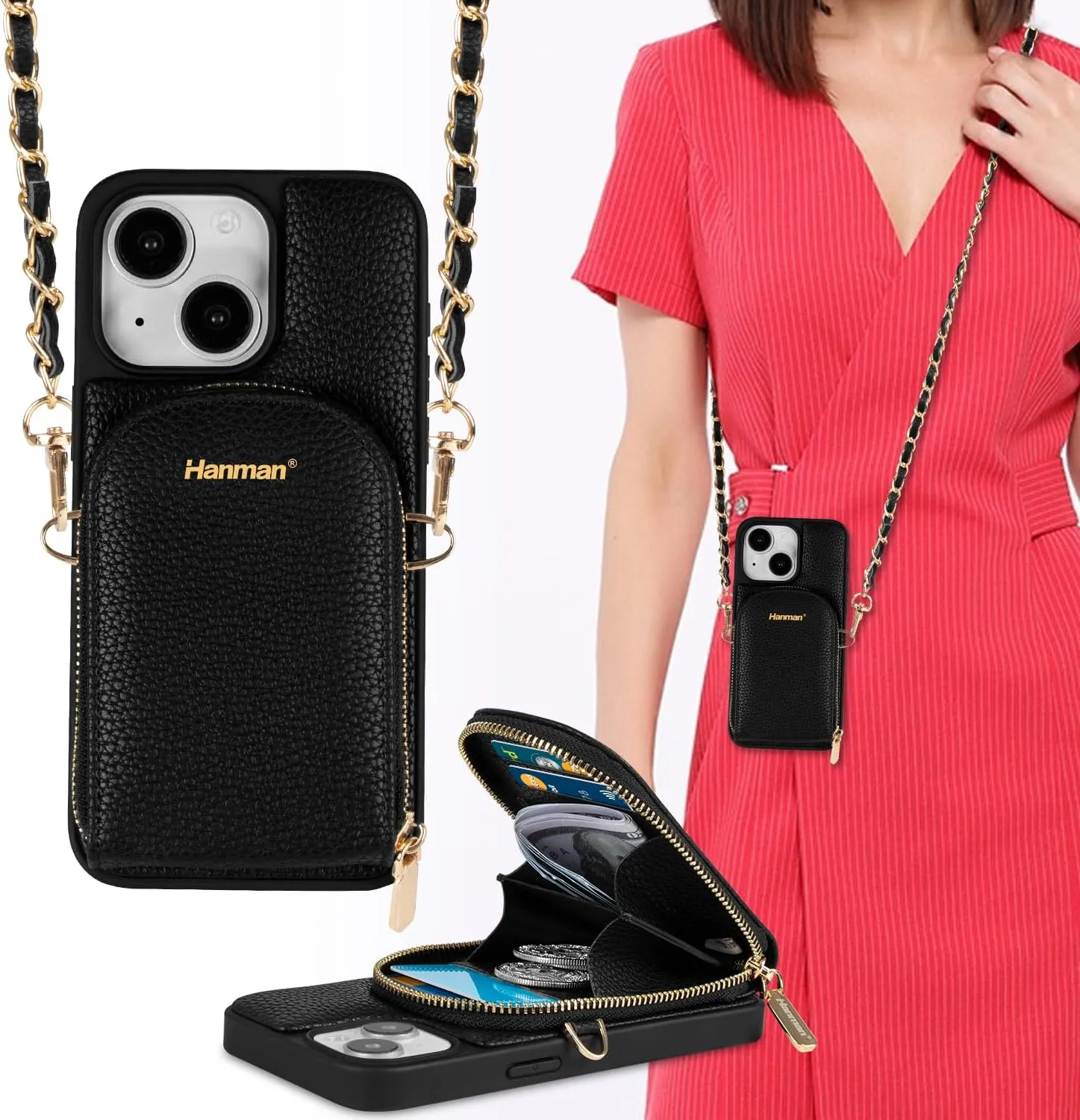 Crossbody Wallet Case for iPhone 13, RFID Blocking PU Leather Zipper Handbag Purse Cover, Suitable for iPhone 13, Black