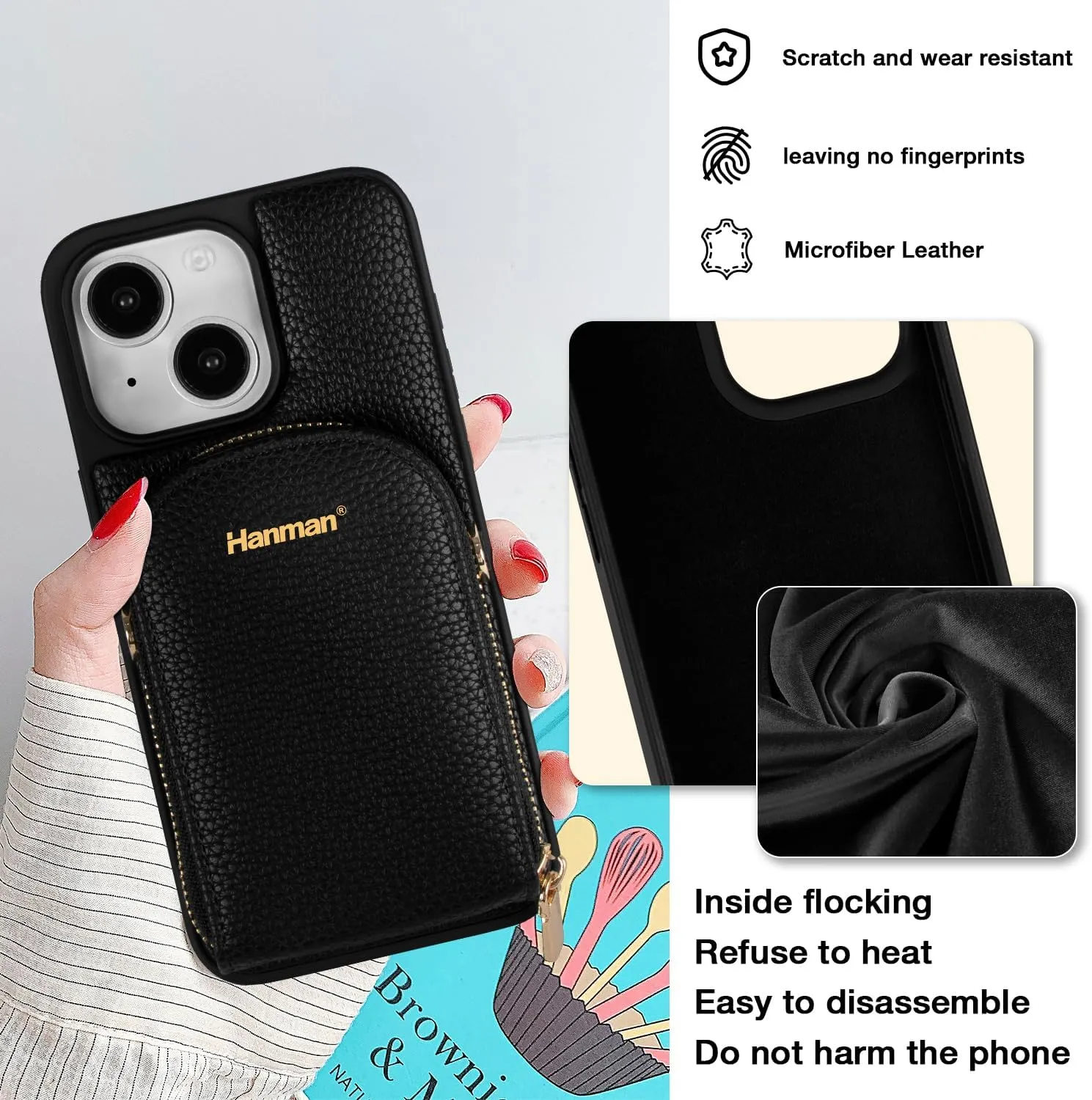Crossbody Wallet Case for iPhone 13, RFID Blocking PU Leather Zipper Handbag Purse Cover, Suitable for iPhone 13, Black
