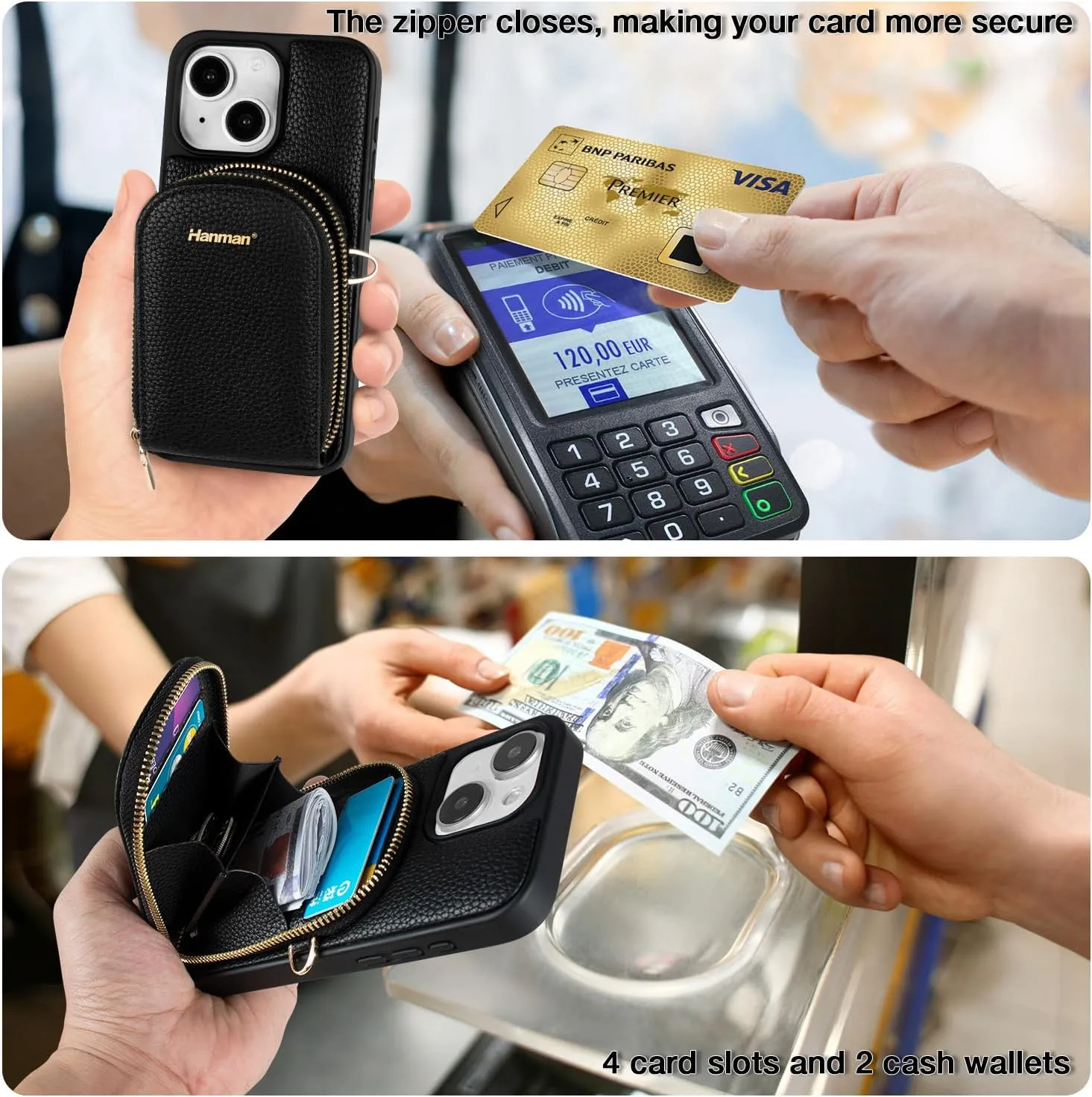 Crossbody Wallet Case for iPhone 13, RFID Blocking PU Leather Zipper Handbag Purse Cover, Suitable for iPhone 13, Black
